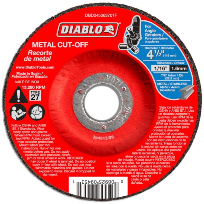 Diablo Metal Cut Off Abrasive Wheel 4 1/2"x1/16"